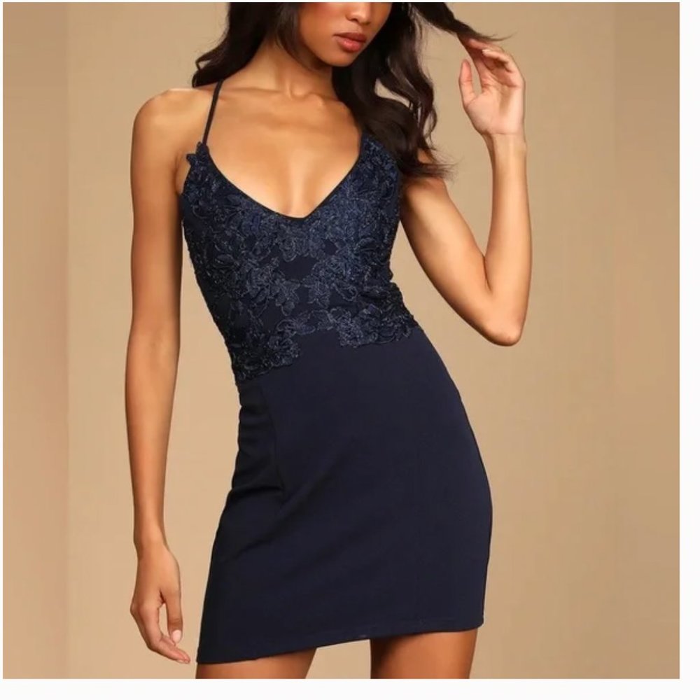 Lulus Greatest Devotion Navy Blue Embroidered Lace-Up Mini Dress Lulus Size M